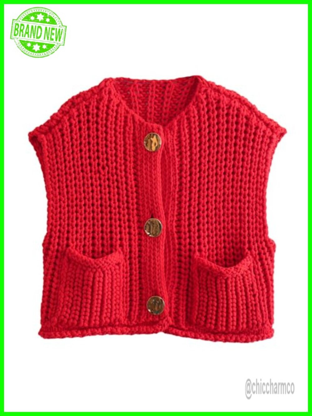 Sleeveless Crop Knit Cardigan Button Down Sweater Vest with Pockets